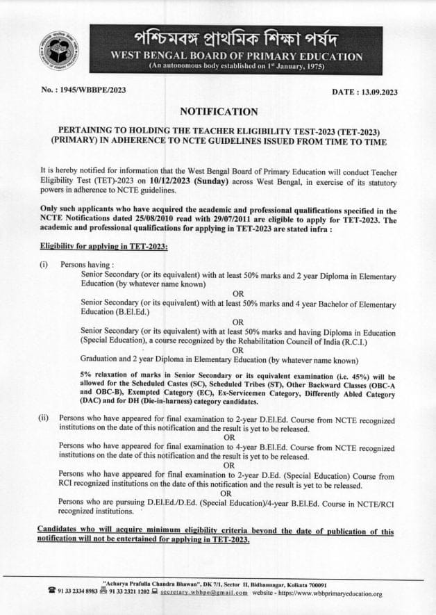 Wbbpe primary tet 2023 notification page 1