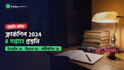 রাতে পড়ার টেবিলে খাতা, বই ও টেবিল ল্যাম্প: ক্লার্কশিপ 2024 প্রস্তুতির 8 সপ্তাহের পরিকল্পনা