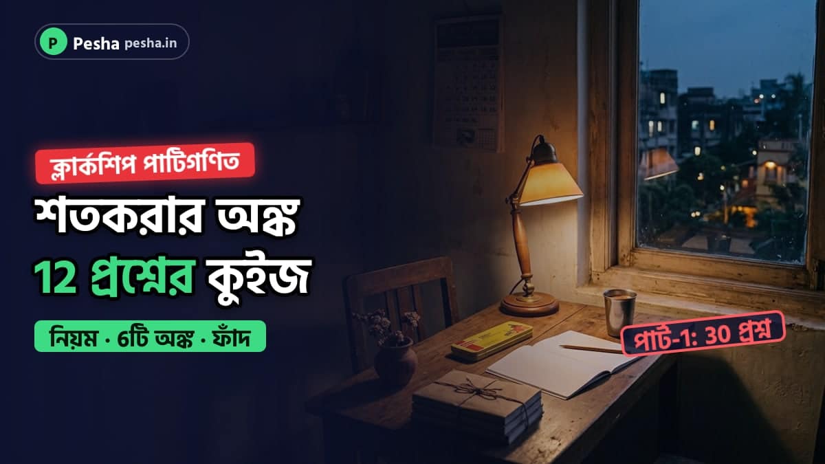 পড়ার টেবিলে খাতা, পেন্সিল ও জ্যামিতি বাক্স: ক্লার্কশিপ পাটিগণিতের শতকরা প্র্যাকটিস